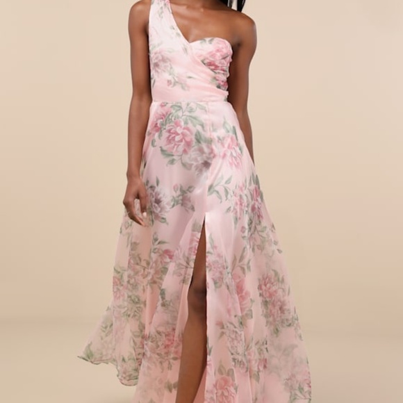 Lulus Truly Extraordinary Pink Floral Organza One-shoulder Maxi Dress - Size 1X - Picture 1 of 1
